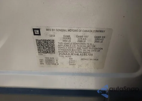 2020 Chevrolet Equinox Fwd 2Fl z USA, uszkodzony, nr VIN 2GNAXJEV4L6191709